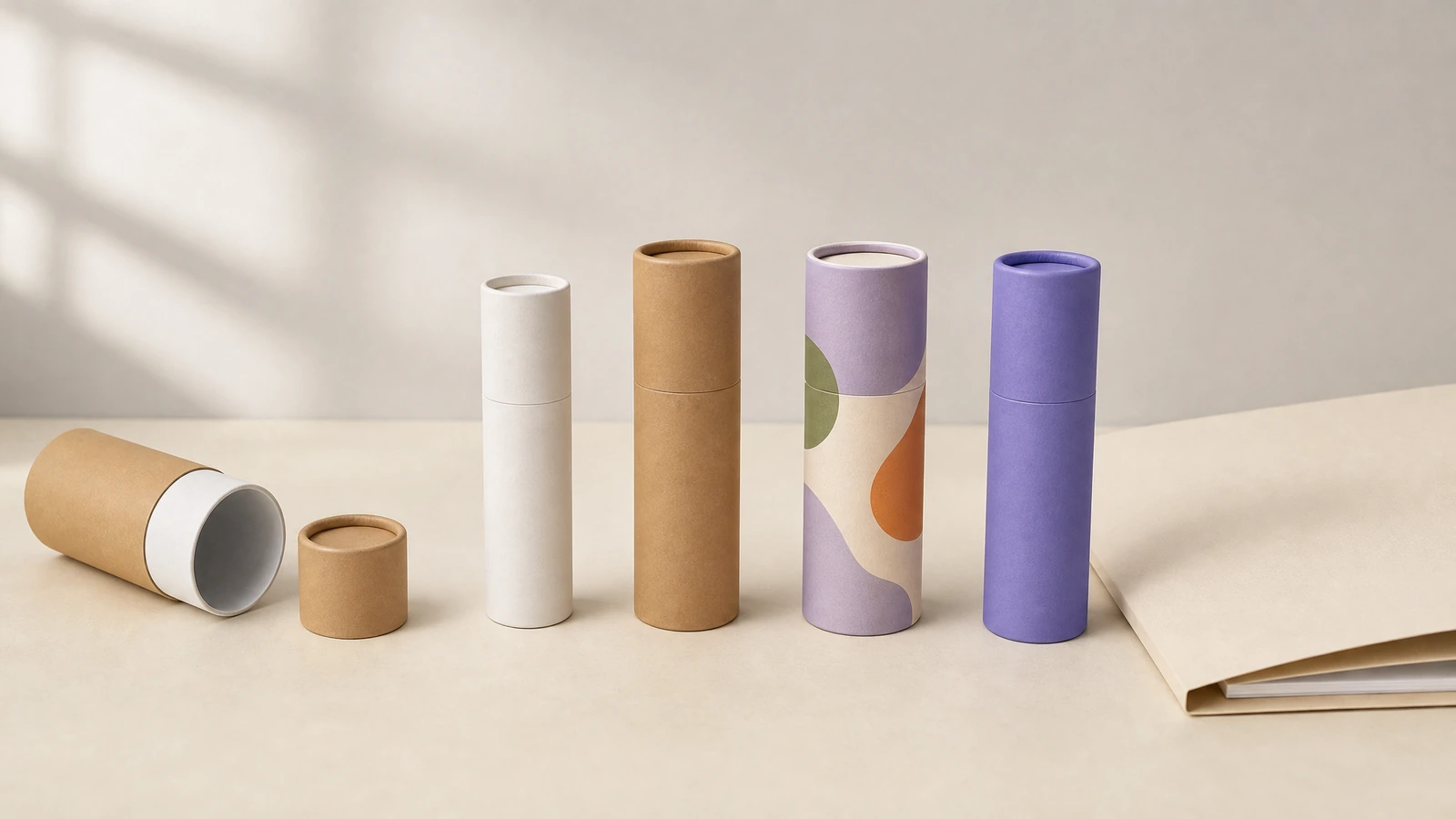 Muestras de tubos de papel lisos y decorados junto a un tubo kraft abierto