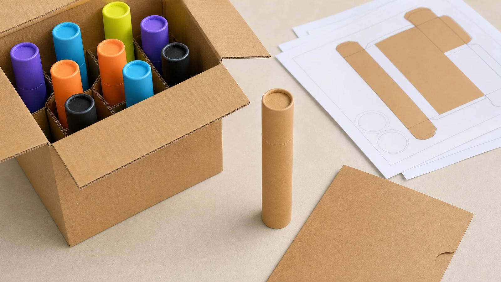 Tubos de colores empaquetados verticalmente en un cartón junto a un tubo kraft y un dibujo del cartón