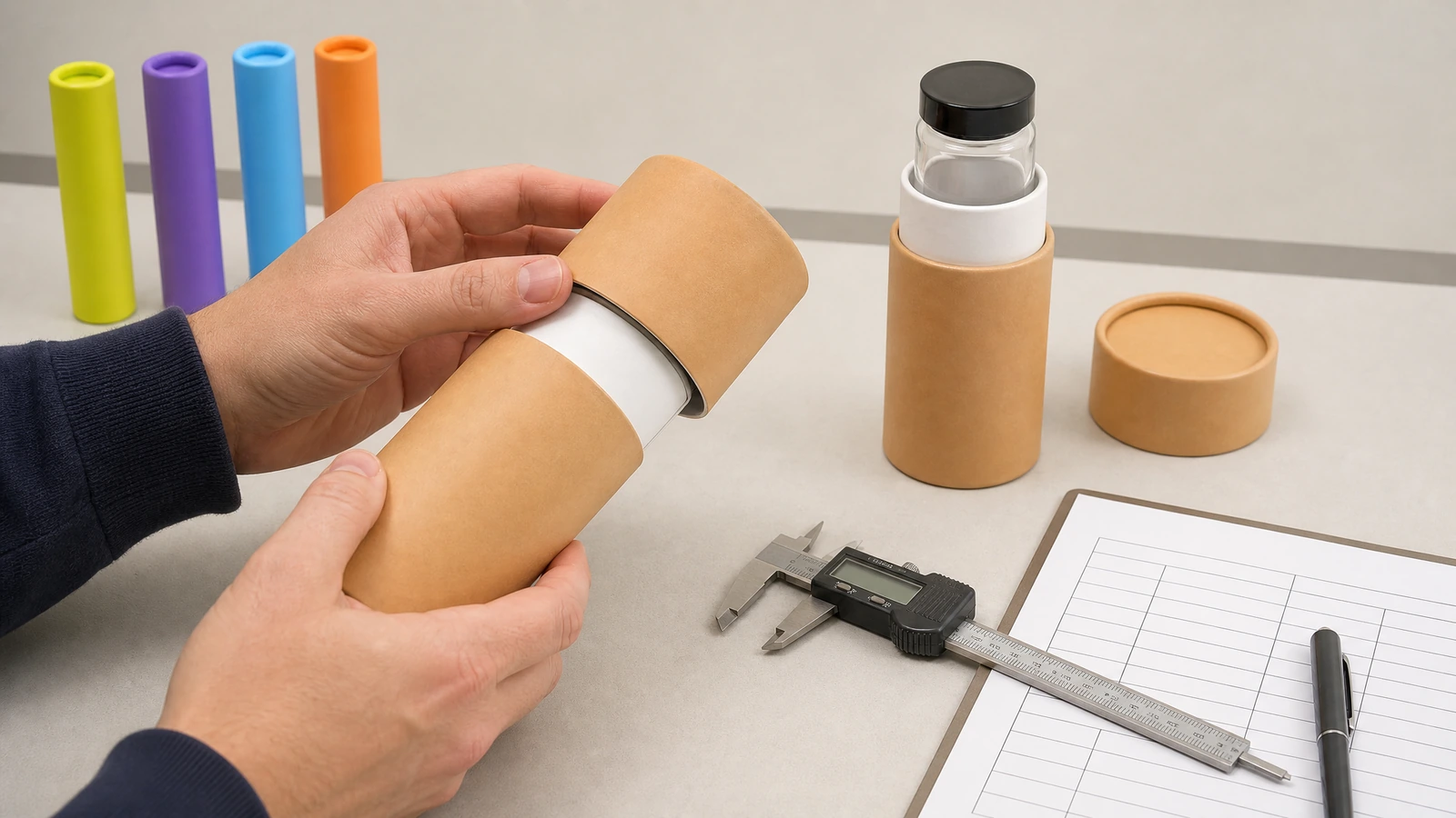 Manos sosteniendo un tubo kraft y una tapa junto a un frasco dentro de otro tubo, herramientas de medición y una hoja de registro