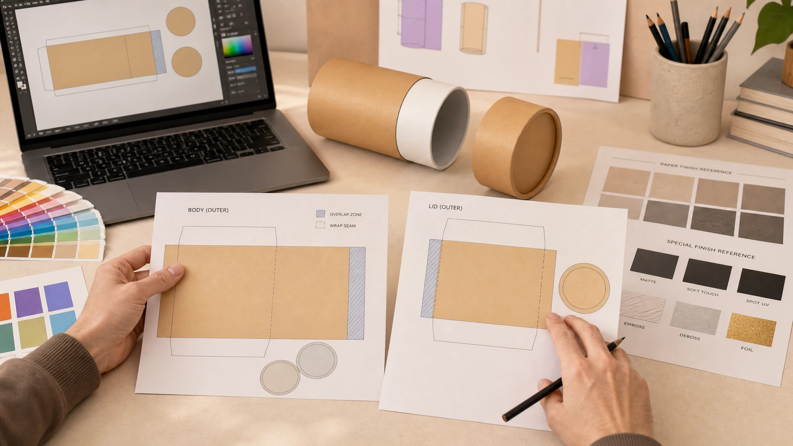 Manos revisando hojas de diseño del cuerpo y la tapa junto a un portátil, muestras de color y un tubo kraft abierto