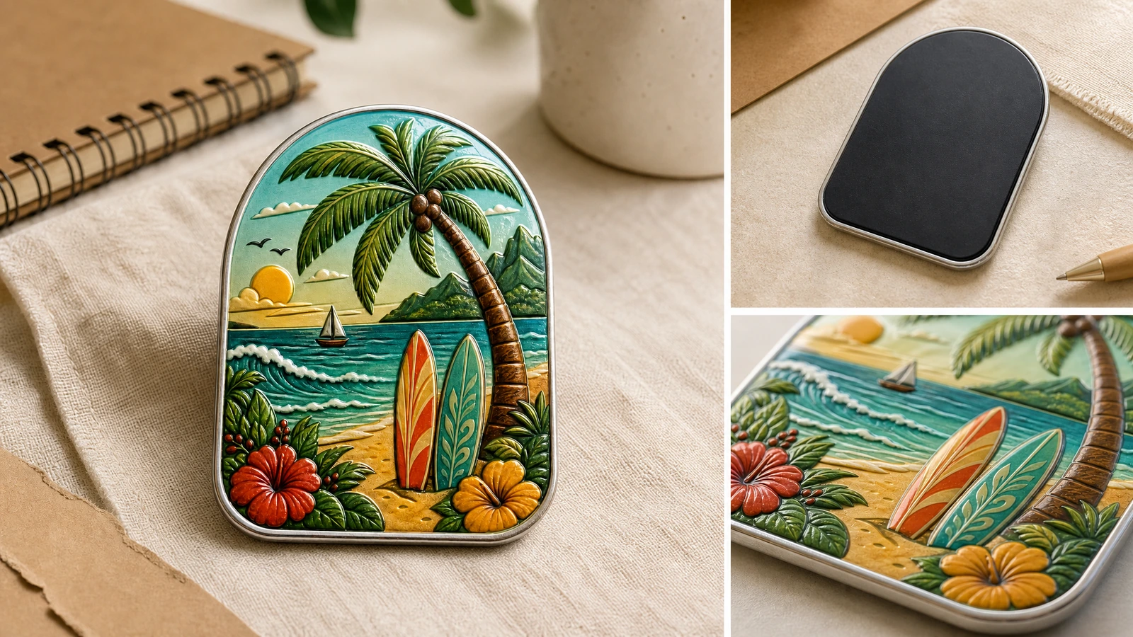 Imagen ilustrativa en collage del anverso de un imán tropical, su reverso negro y un primer plano del arte en relieve