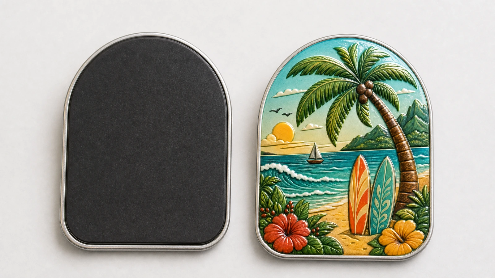 Imagen ilustrativa del anverso de un imán de diseño tropical junto a su reverso con respaldo negro