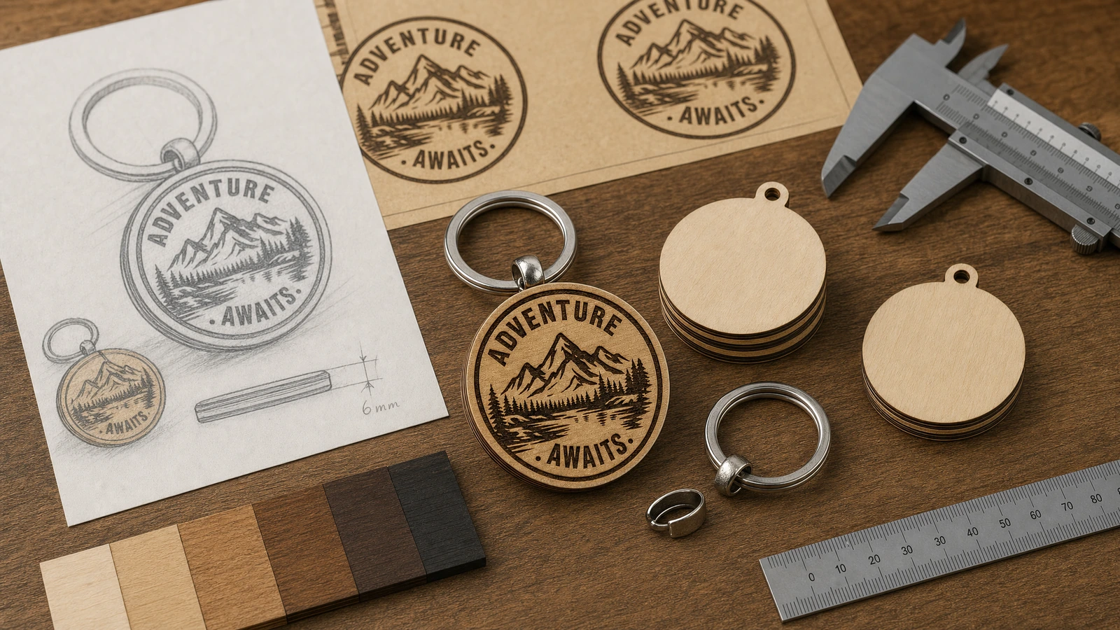 Llavero de madera y materiales de diseño Llavero redondo de madera con grabado de montaña junto a formas en blanco, material gráfico, calibre y regla