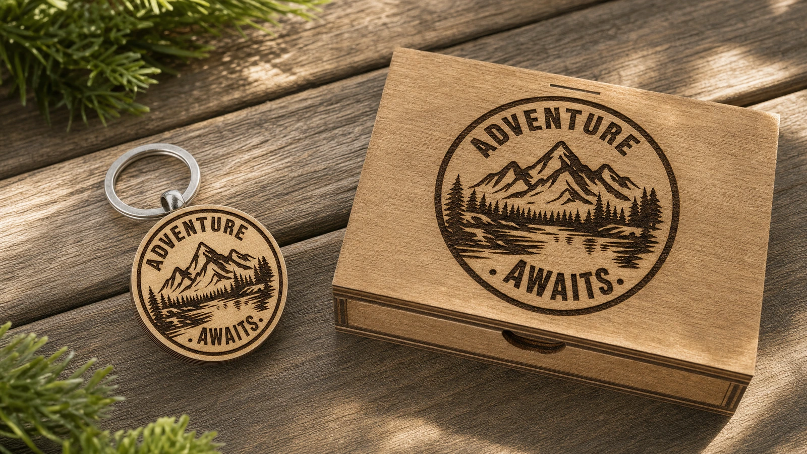 Llavero de madera y caja a juego Llavero de madera con diseño de montaña junto a una caja de presentación de madera con el mismo material gráfico
