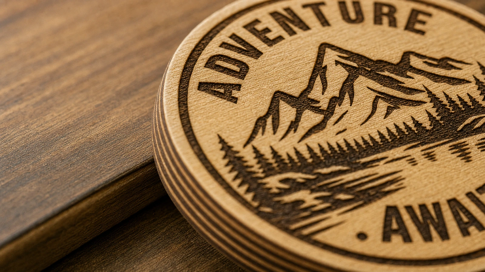 Superficie de madera grabada y borde laminado Primer plano del grabado de montaña y de las letras «Adventure Awaits» sobre un disco de madera laminado