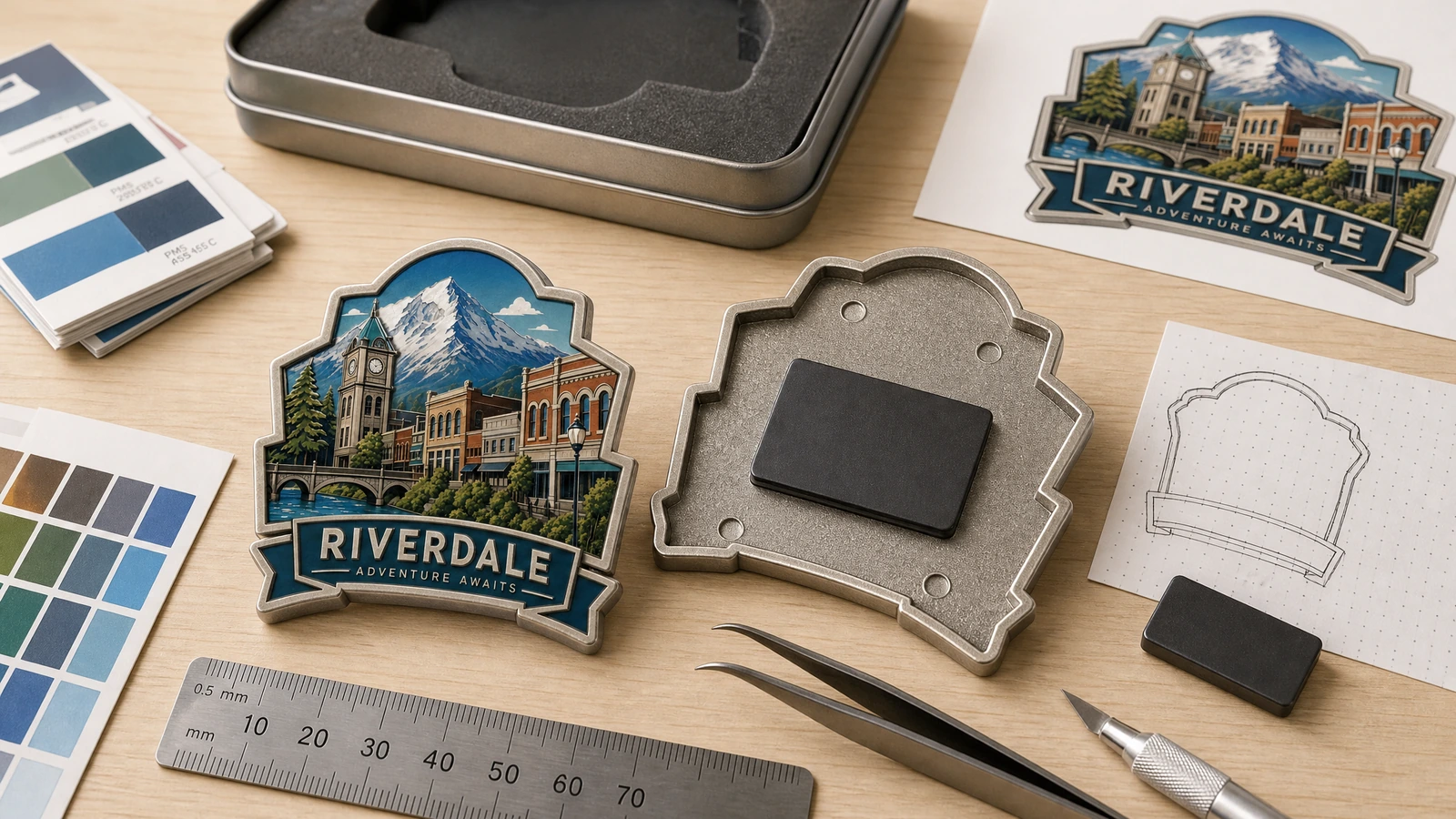 Imagen ilustrativa de un imán de recuerdo de Riverdale, con el reverso, el diseño gráfico y muestras de color junto a una regla