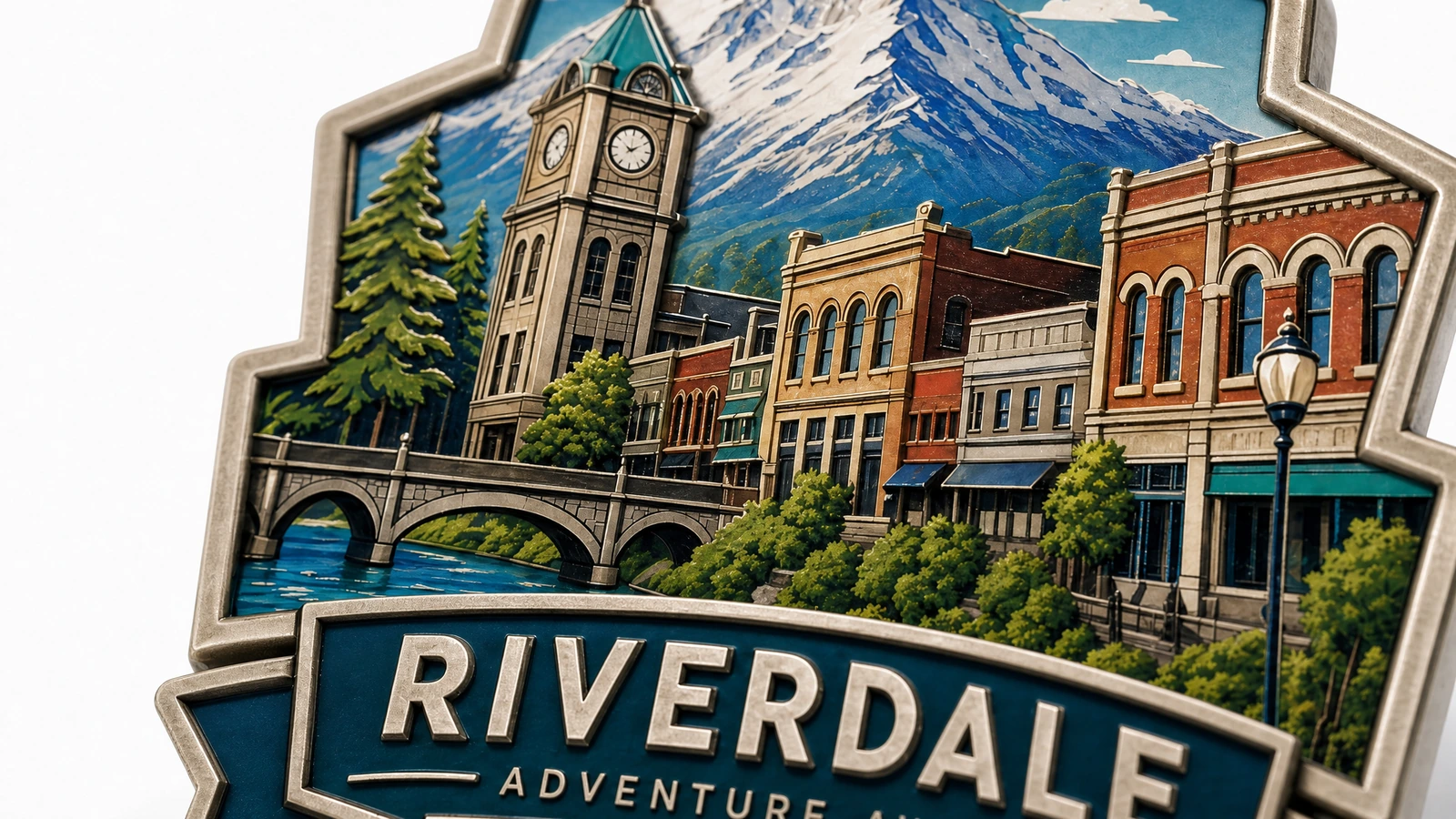 Imagen ilustrativa en primer plano de edificios, un diseño de montañas y las letras de Riverdale en la cara del imán