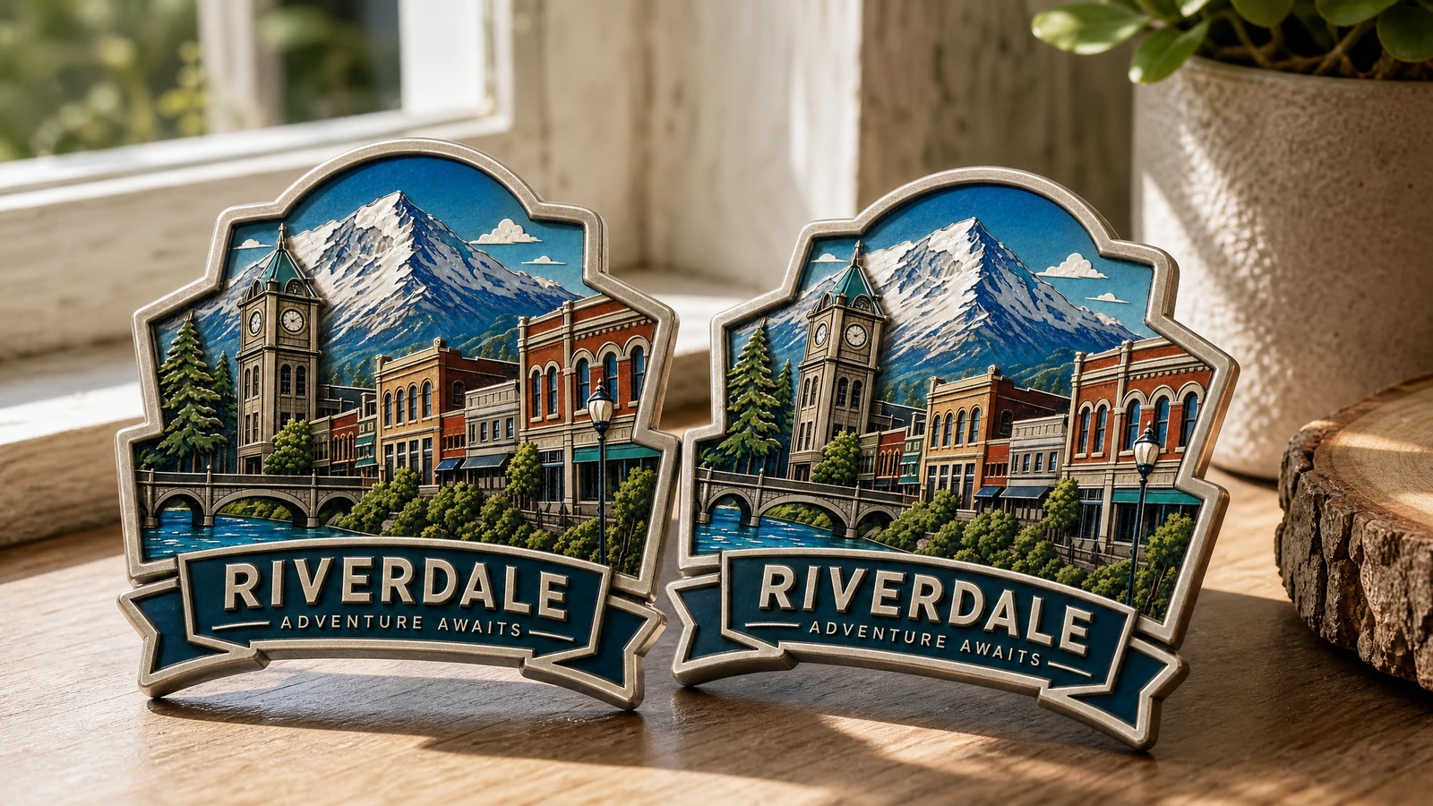 Imagen ilustrativa de un par de imanes de recuerdo de Riverdale sobre un alféizar de madera