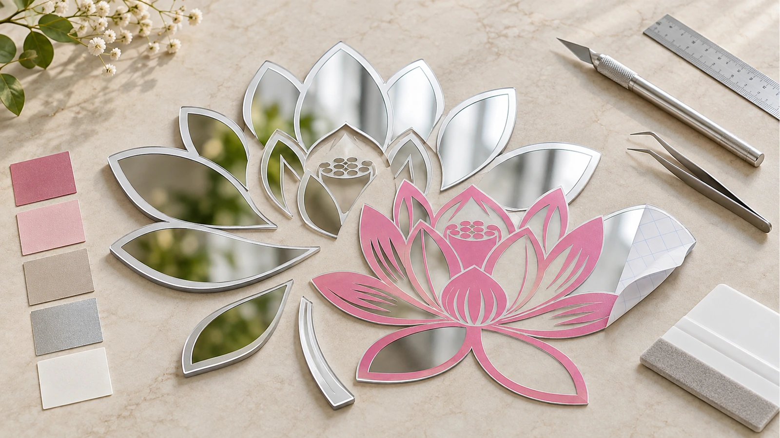 Calcomanía de loto plateada con detalle floral rosa junto a muestras de color, una regla y un cúter sobre una mesa