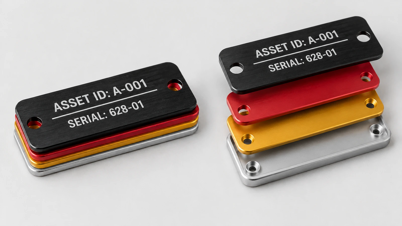 Etiquetas de activos de aluminio negras, rojas, doradas y plateadas, apiladas y separadas, con orificios de montaje y texto de ID del activo