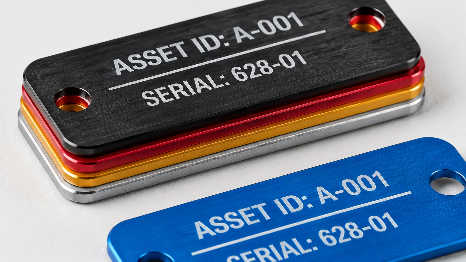 Primer plano de etiquetas de activos de aluminio de colores apiladas y de una etiqueta azul que muestra superficies cepilladas y orificios de montaje