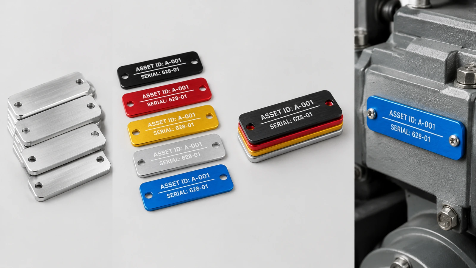 Reversos de etiquetas plateadas en blanco, etiquetas de aluminio impresas de colores y una etiqueta azul fijada a un equipo