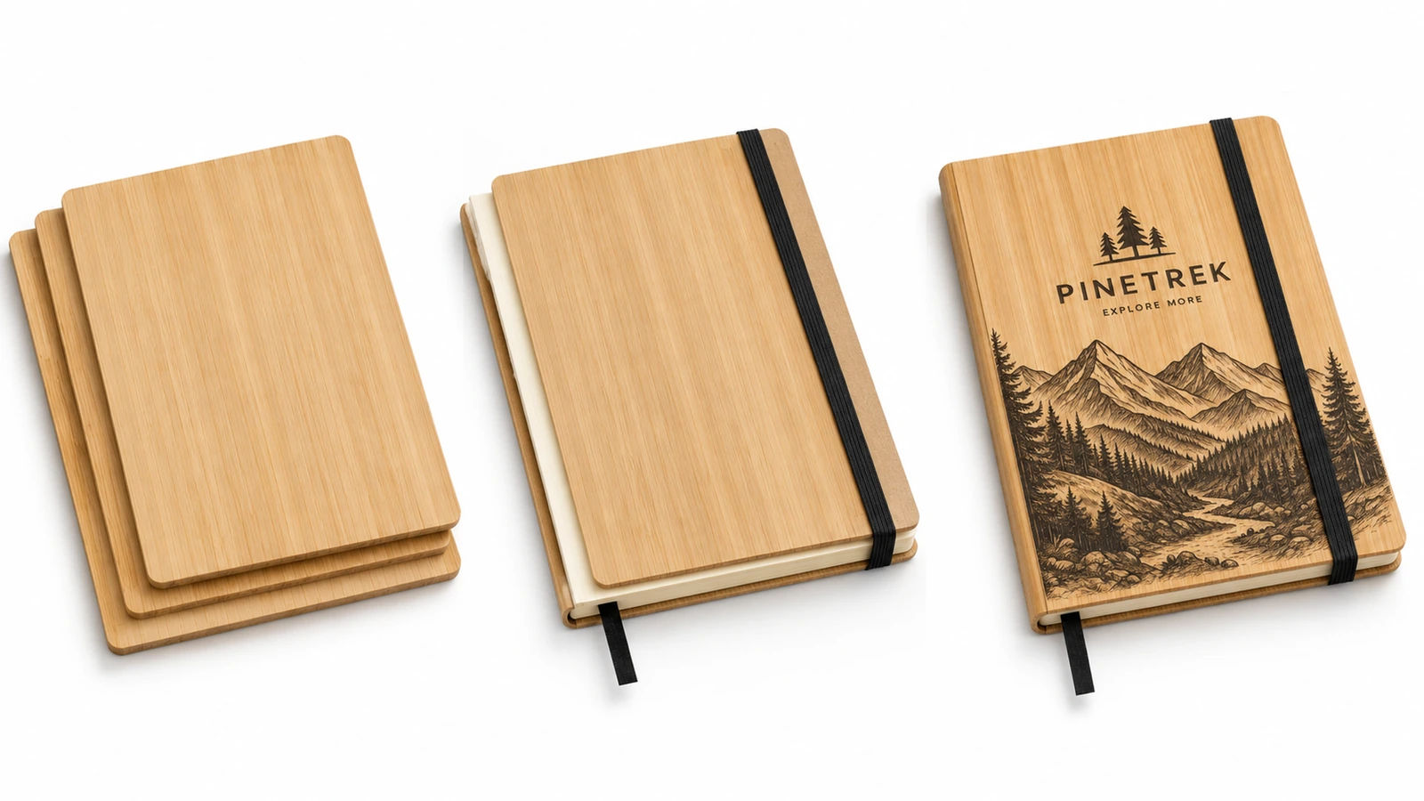 Comparación de cartones de cubierta y apariencia de los cuadernos Cartones de cubierta lisos junto a un cuaderno sin decorar y un cuaderno con diseño de montaña
