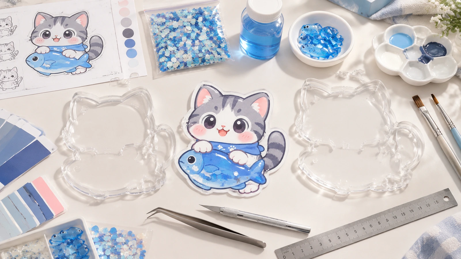 Materiales de la pegatina shaker de gato y pez Diseño de pegatina shaker de gato y pez con carcasas de blíster transparentes, lentejuelas azules, muestras de color y herramientas de manualidades sobre una mesa