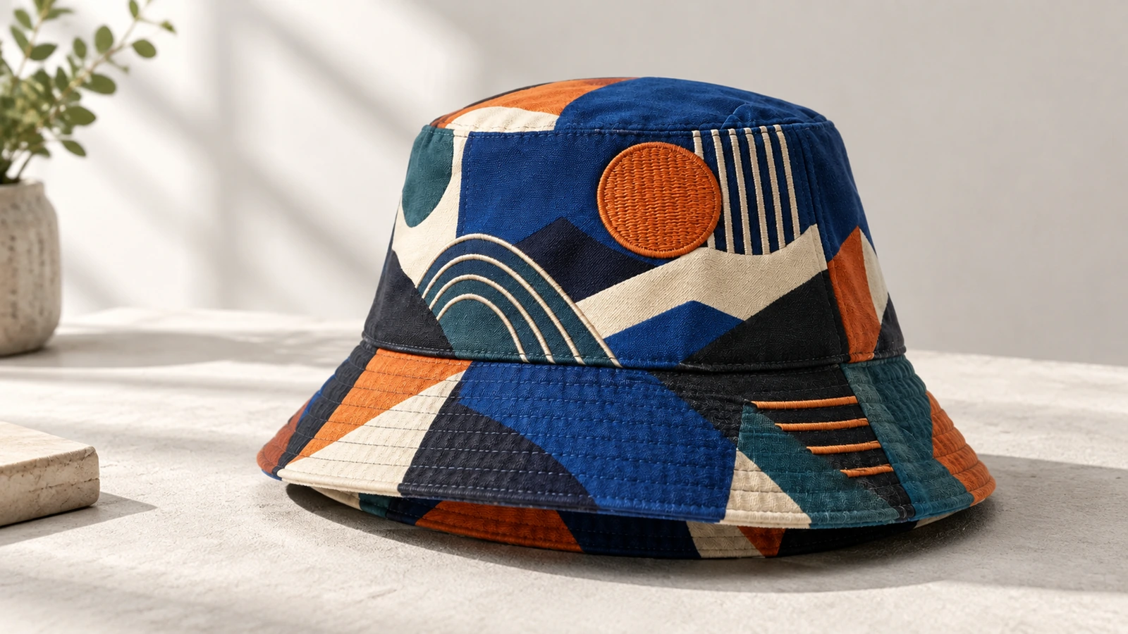 Presentación del bucket hat estampado Bucket hat estampado expuesto sobre una superficie de color claro