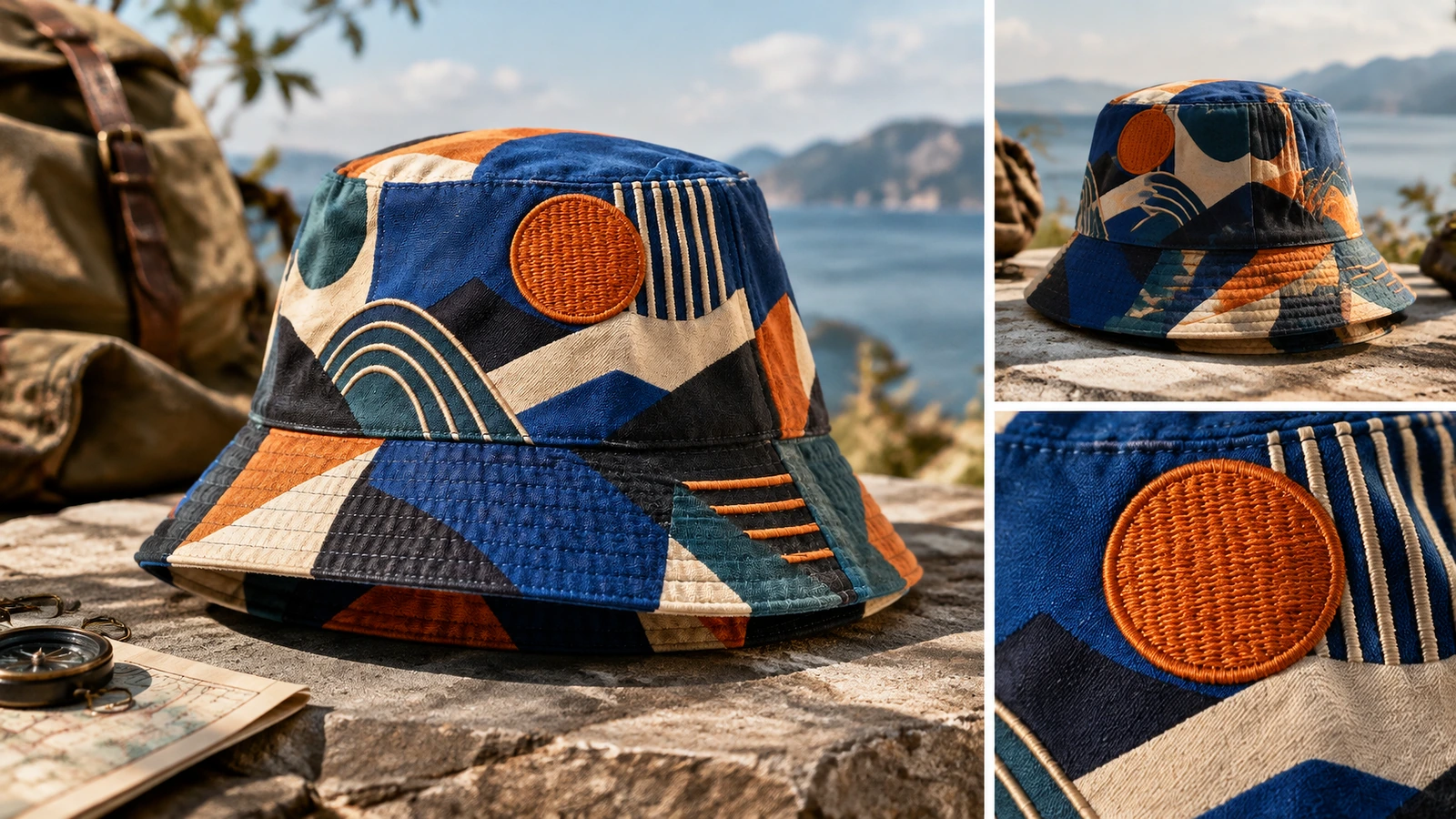 Presentación exterior del bucket hat y detalles Collage exterior de bucket hats con una vista trasera y un primer plano del bordado