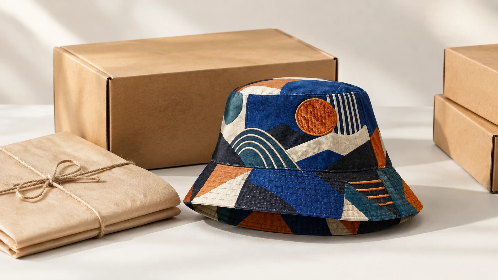 Bucket hat y materiales de embalaje Bucket hat estampado junto a cajas de cartón y un paquete envuelto en papel