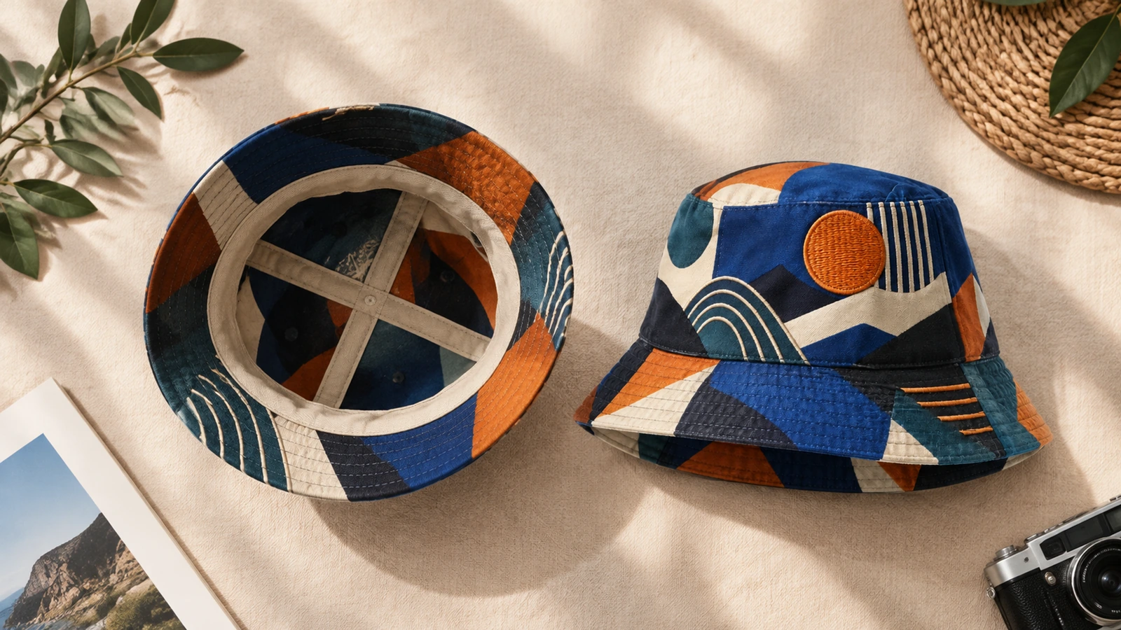 Exterior e interior del bucket hat Vistas exterior e interior de un bucket hat estampado en azul, naranja y crema