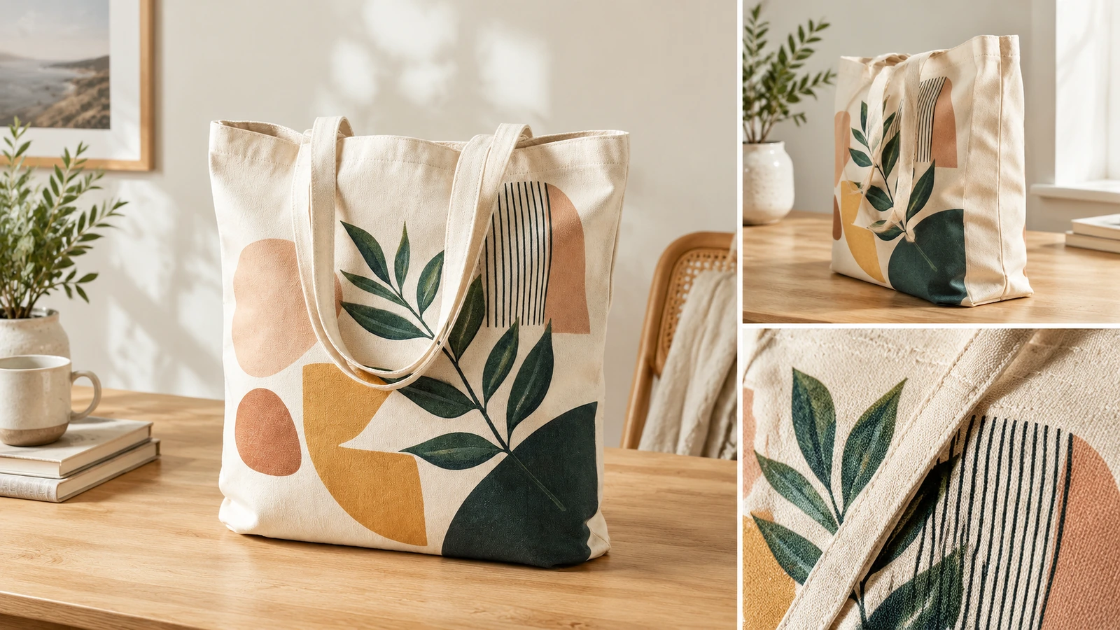 Collage con una bolsa tote de lona estampada, vista lateral y primer plano del diseño y la tela