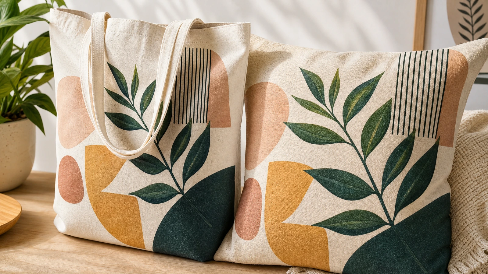 Bolsa tote de lona estampada junto a un cojín con diseño de hojas y figuras geométricas a juego