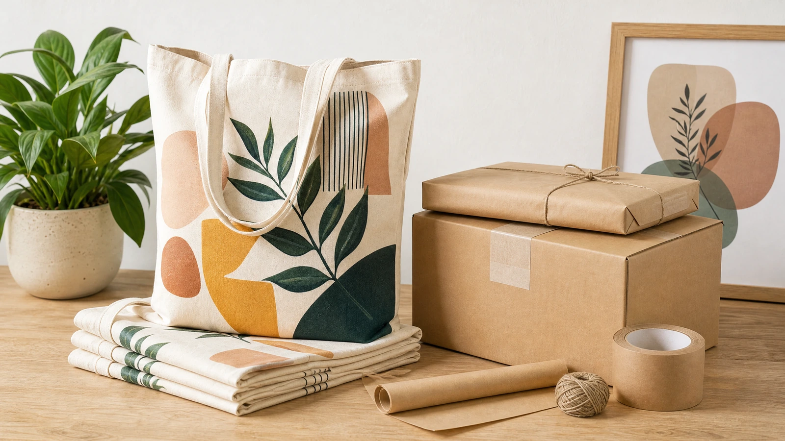 Bolsa tote de lona estampada y bolsas plegadas a juego junto a cajas y materiales de embalaje