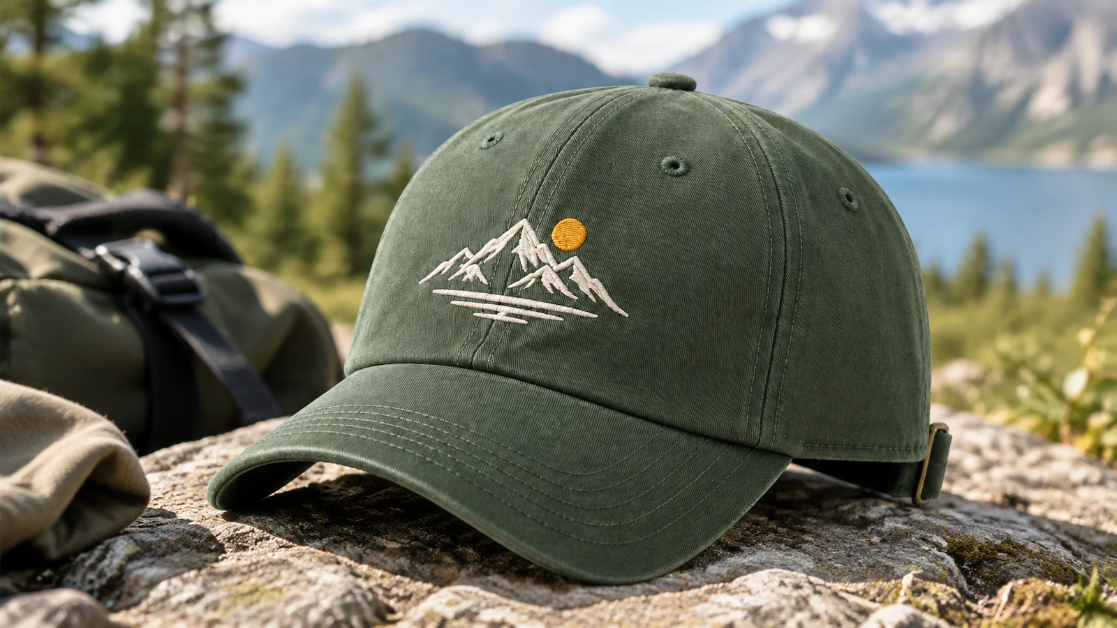 Gorra verde bordada junto a una mochila con vistas a un lago y a montañas
