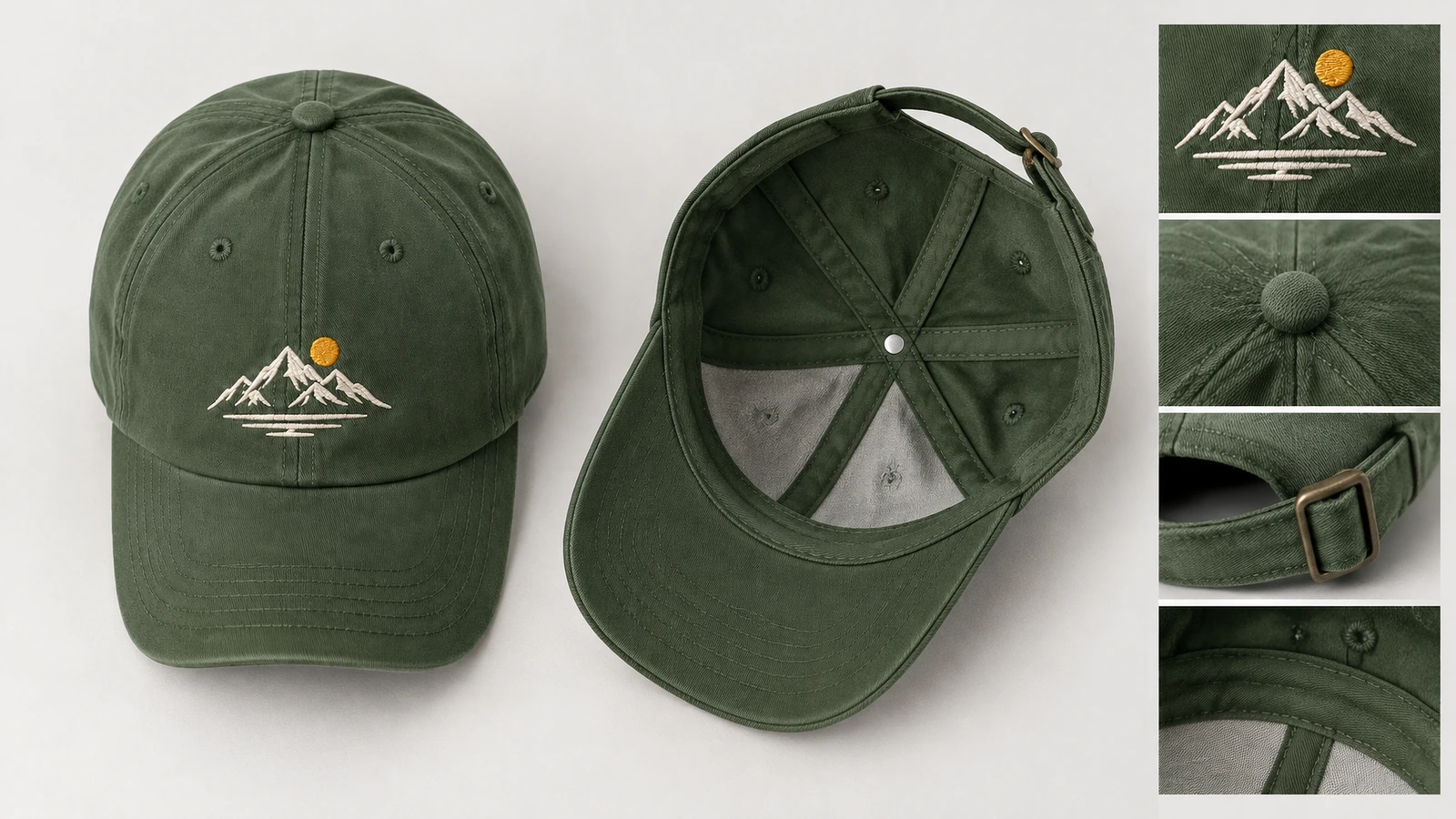 Vistas frontal e interior de una gorra verde con bordado insertado y detalles de la copa y la hebilla