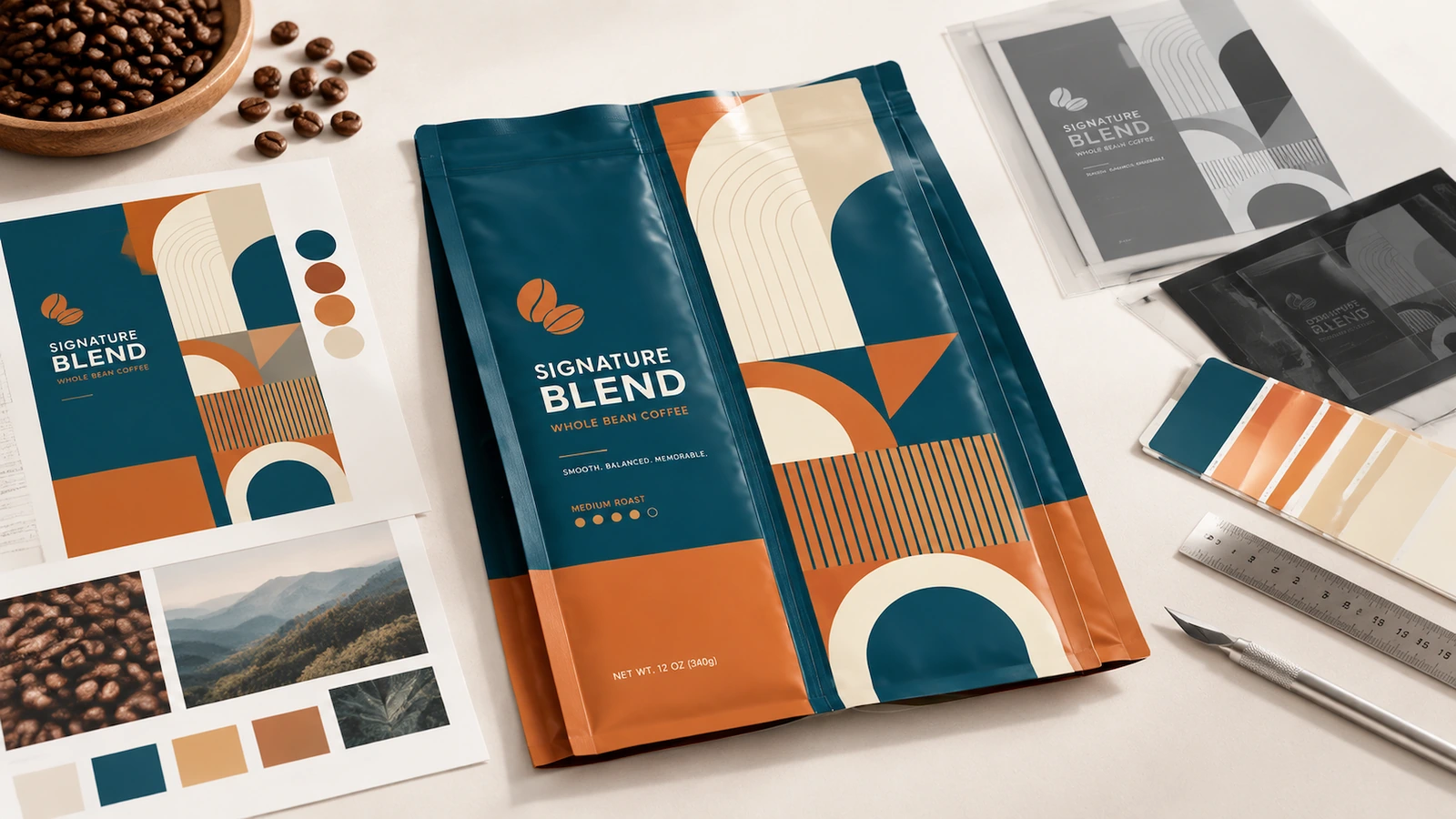 Arte y muestra de bolsa de café Muestra de envase de café en tonos turquesa y naranja junto a archivos de arte, granos de café y muestras de color
