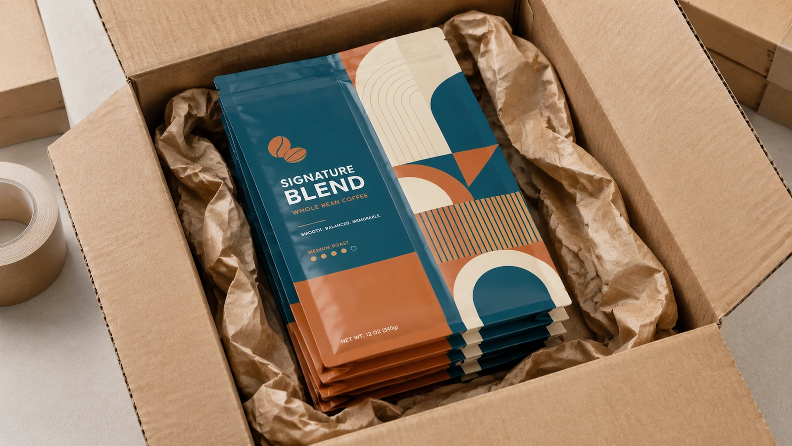 Bolsas de café en una caja de embalaje Pila de bolsas de café impresas en una caja abierta, protegidas con papel kraft