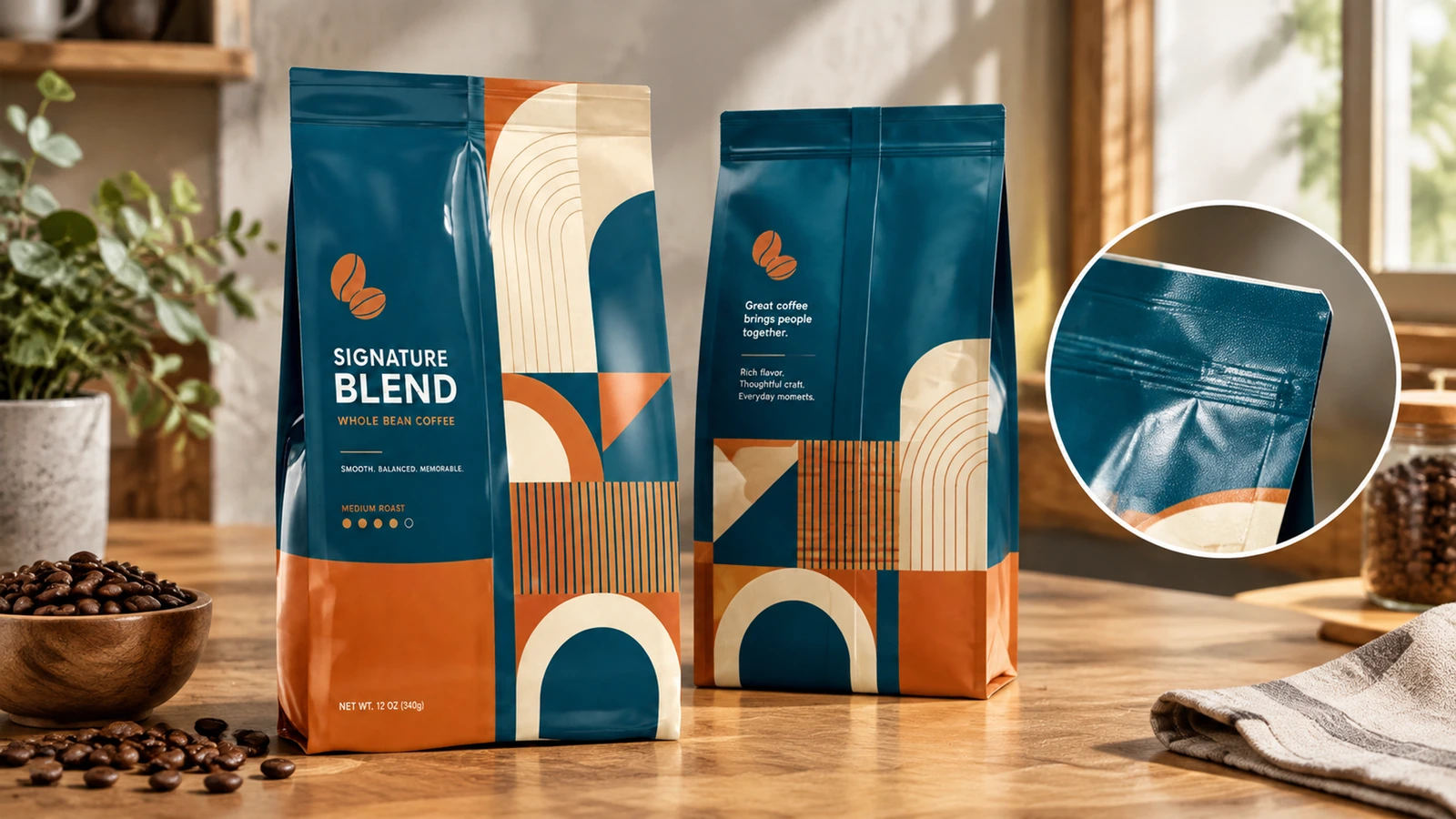 Bolsa de café: frontal, posterior y detalle del sellado Vistas frontal y posterior de bolsas de café, con un detalle ampliado del borde de sellado superior