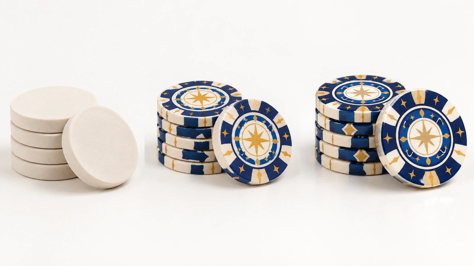 Discos claros lisos junto a pilas de discos con diseño de estrella en azul y dorado
