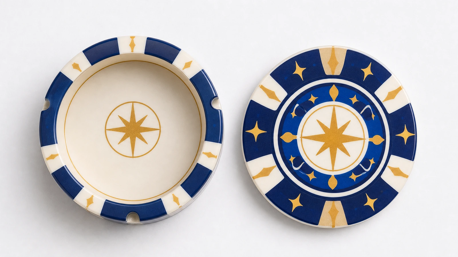 Plato rebajado redondo en azul, blanco y dorado, con borde mellado, junto a un disco decorado a juego