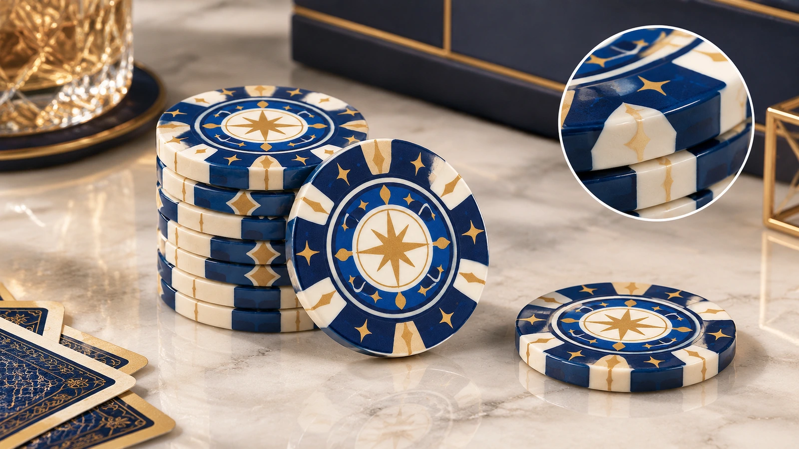 Discos con diseño de estrella sobre una mesa junto a cartas de juego con un detalle del patrón del canto