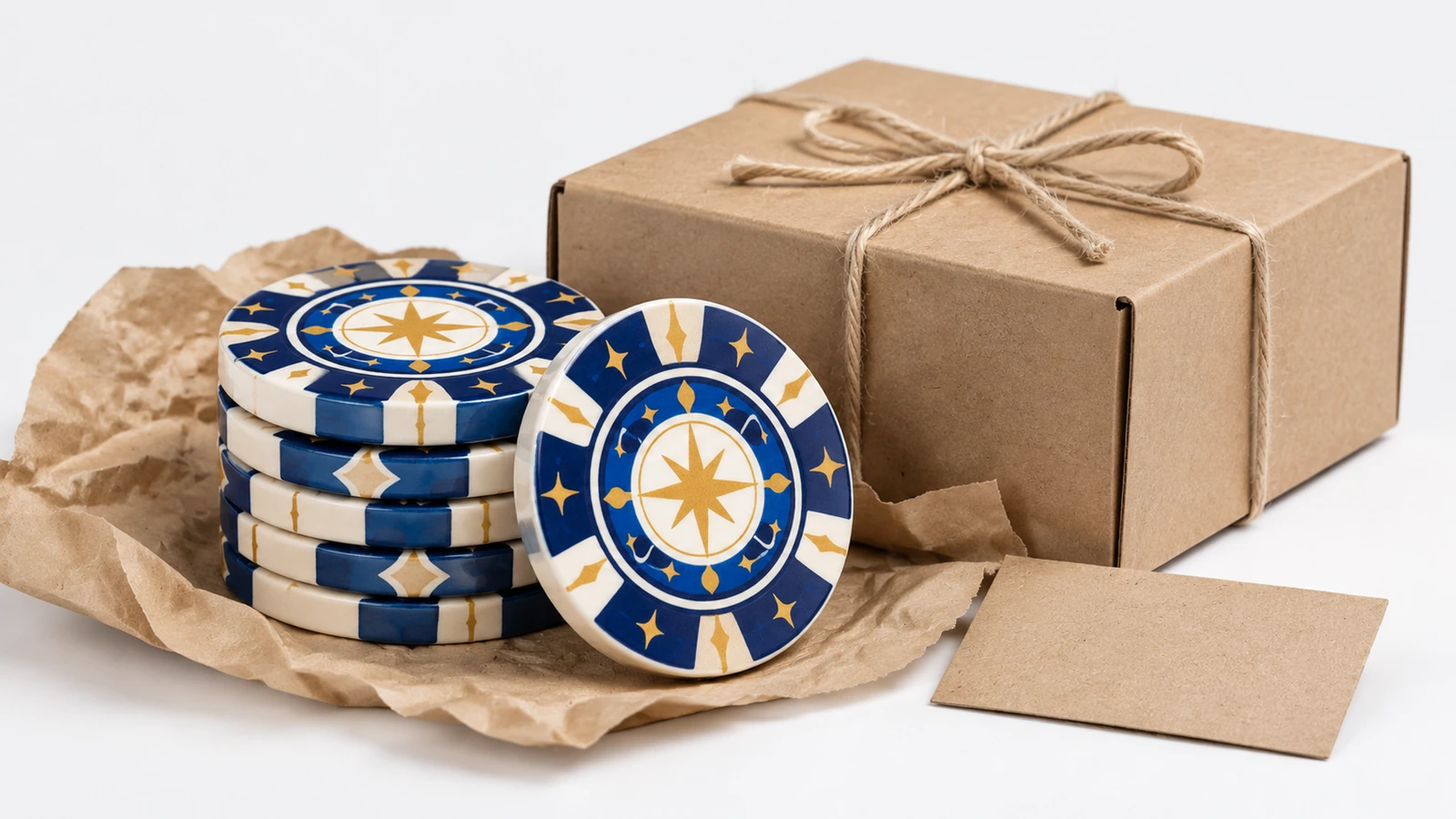 Discos con diseño de estrella sobre papel arrugado junto a una caja de regalo kraft atada con cordel