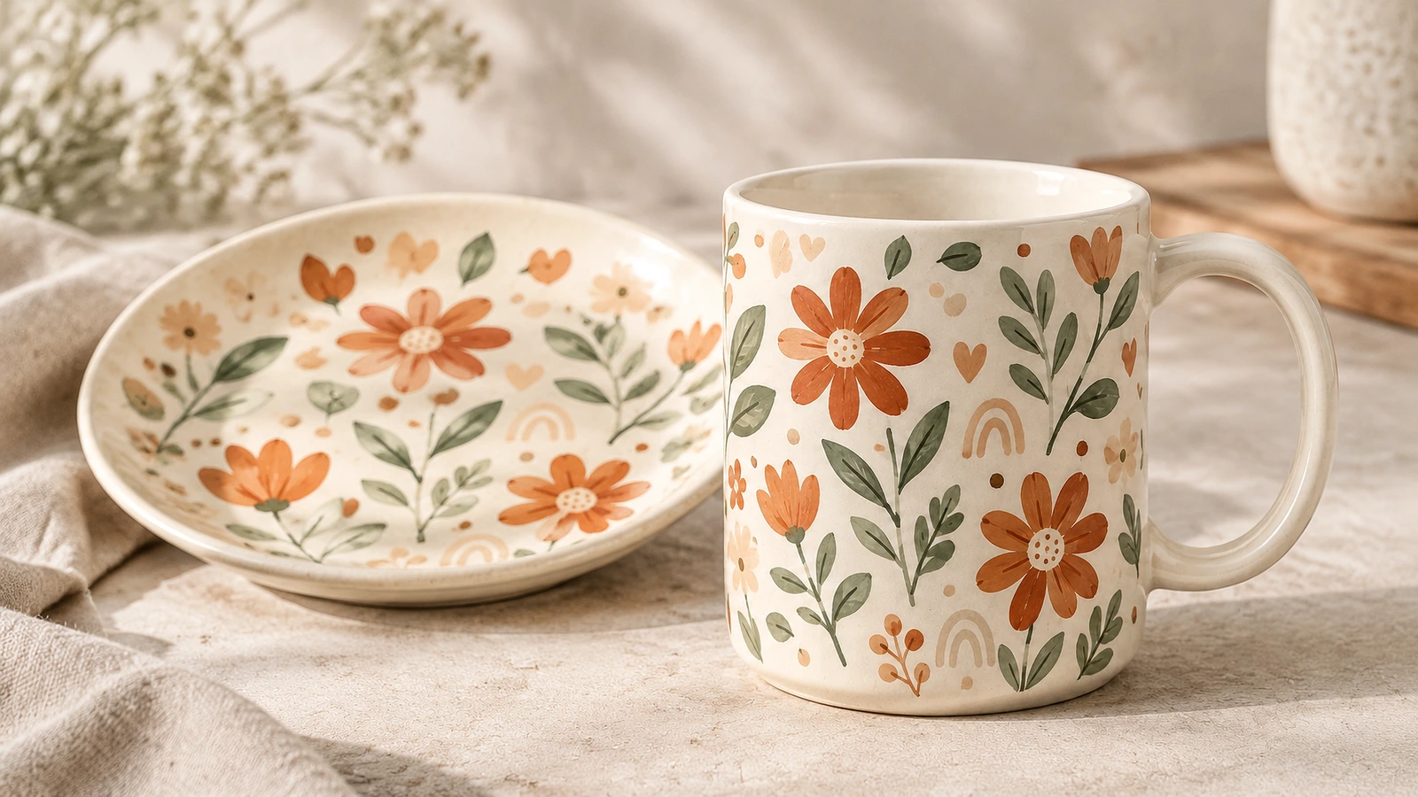 Taza floral de cerámica junto a un plato decorado a juego