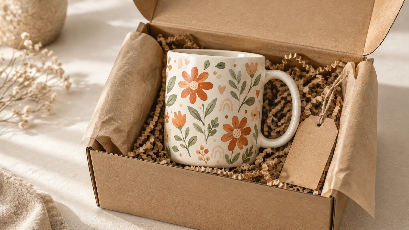 Taza floral en una caja de regalo de cartón abierta con relleno de papel