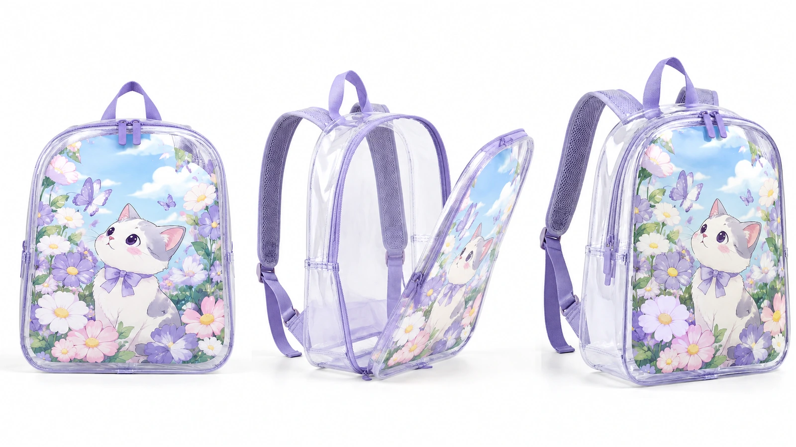 Vistas frontal y lateral de la mochila Tres vistas de una mochila transparente con ribete morado y panel frontal floral de gatito