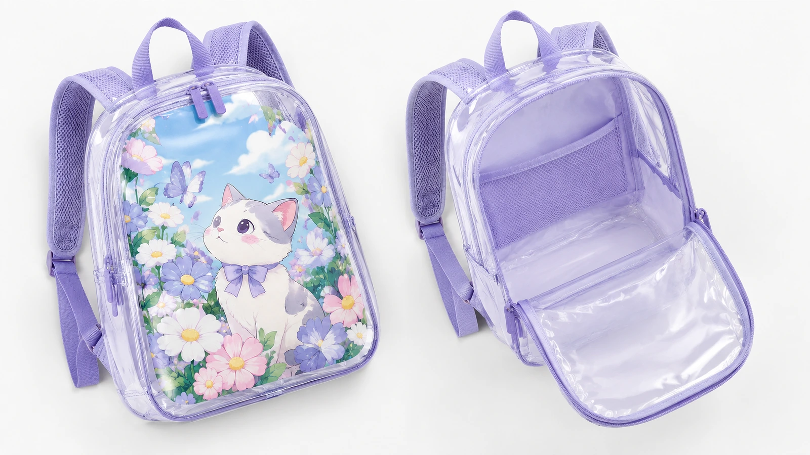 Vistas frontal y abierta de la mochila Vistas frontal y abierta de una mochila transparente con ribete morado y panel frontal de gatito y flores