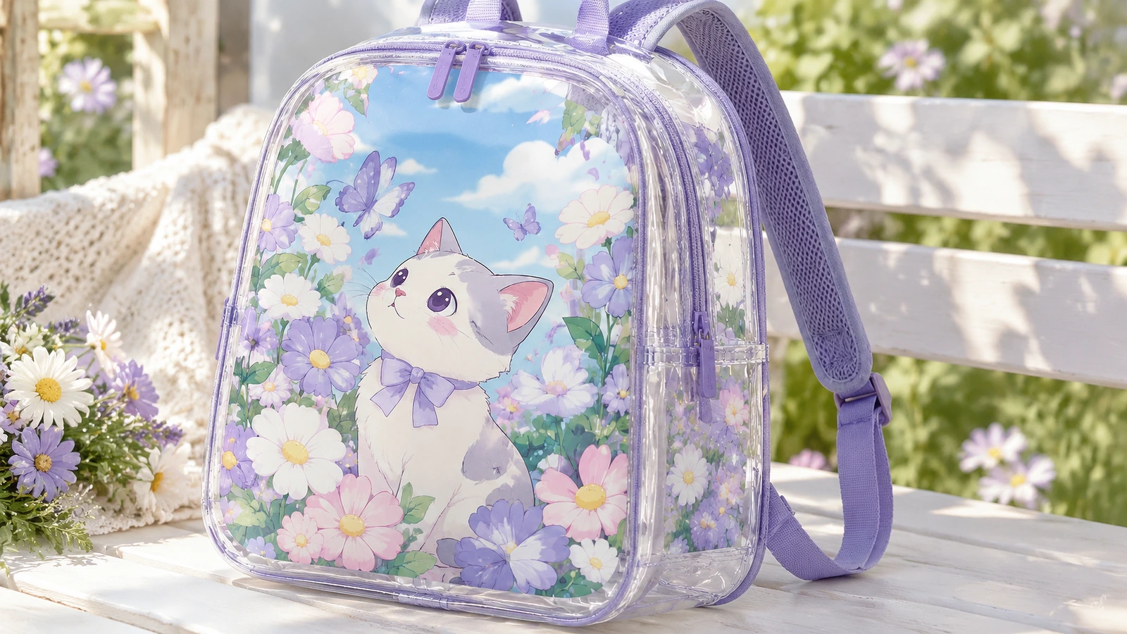Exhibición ilustrativa de mochilas al aire libre Mochila transparente con ribete morado y arte floral de gatito sobre un banco al aire libre