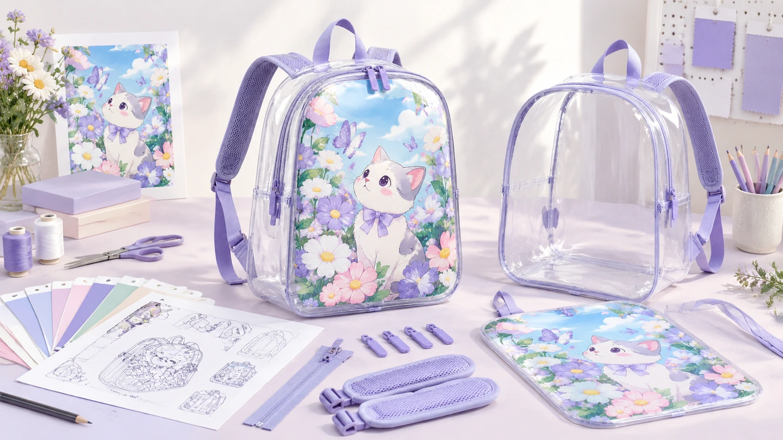 Conceptos de arte y ribete para mochilas Mochilas transparentes con ribete morado, arte de gatito y flores, muestras de color y componentes de muestra sobre un escritorio