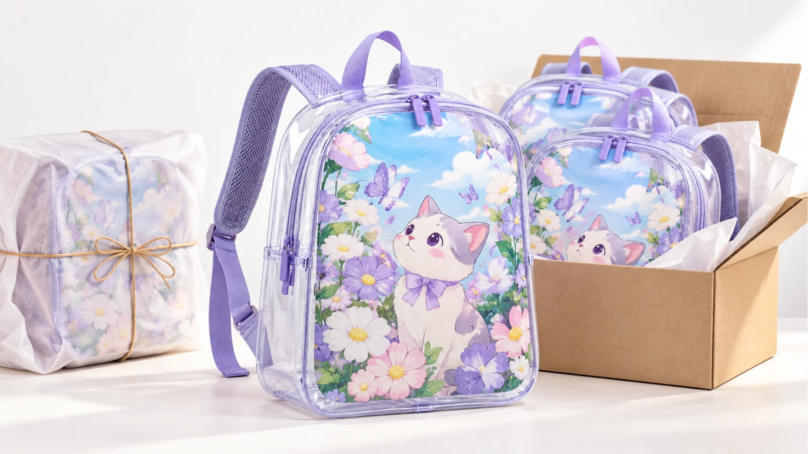 Mochilas y embalaje ilustrativo Mochilas de gatito y flores junto a un paquete envuelto y una caja de cartón abierta