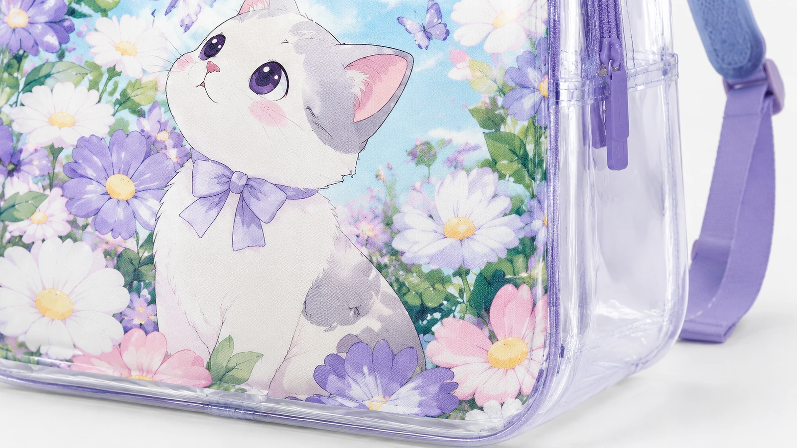 Detalle del arte y del panel lateral de la mochila Primer plano del arte de gatito y flores, del panel lateral transparente y de la correa morada de la mochila