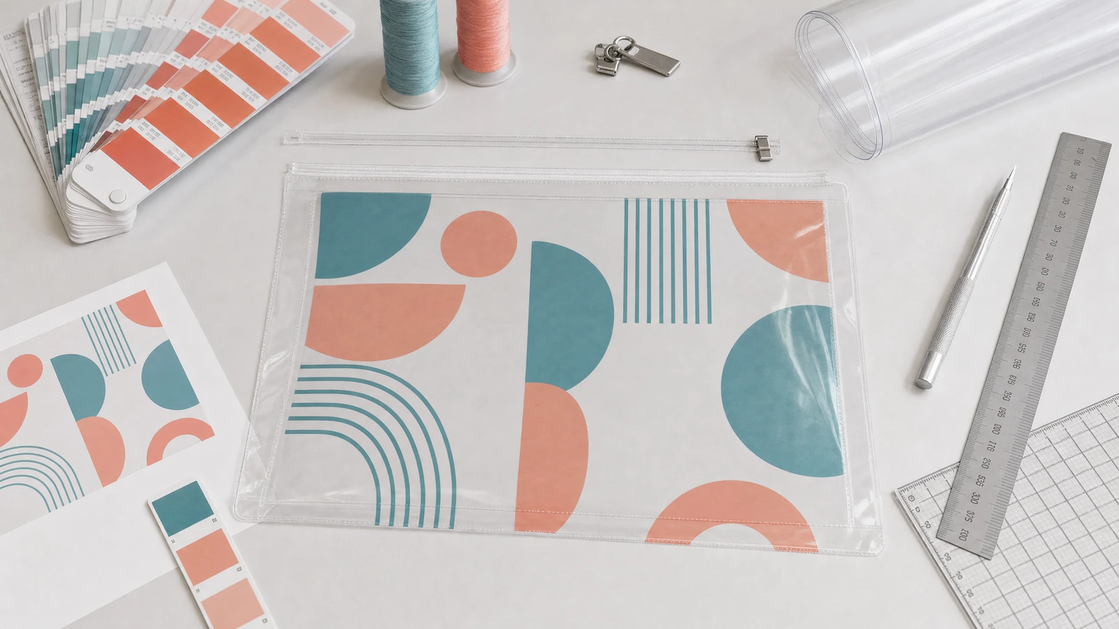 Bolsa transparente con cremallera de estampado geométrico junto a hojas de arte final, muestras de color y herramientas de medición