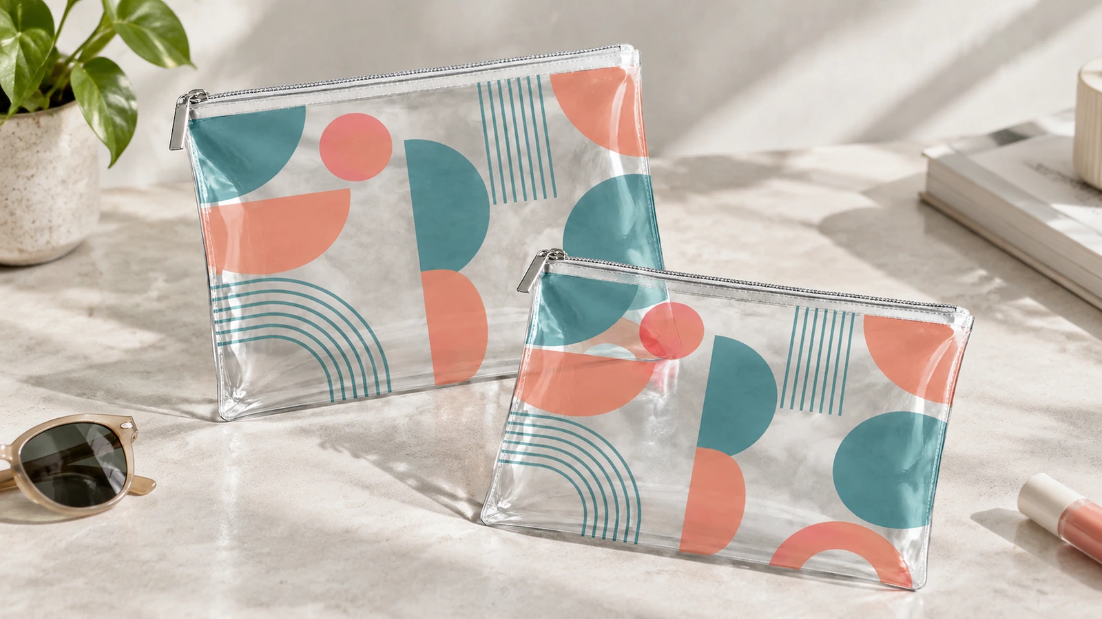 Dos bolsas transparentes impresas con cremallera sobre una mesa, junto a accesorios personales