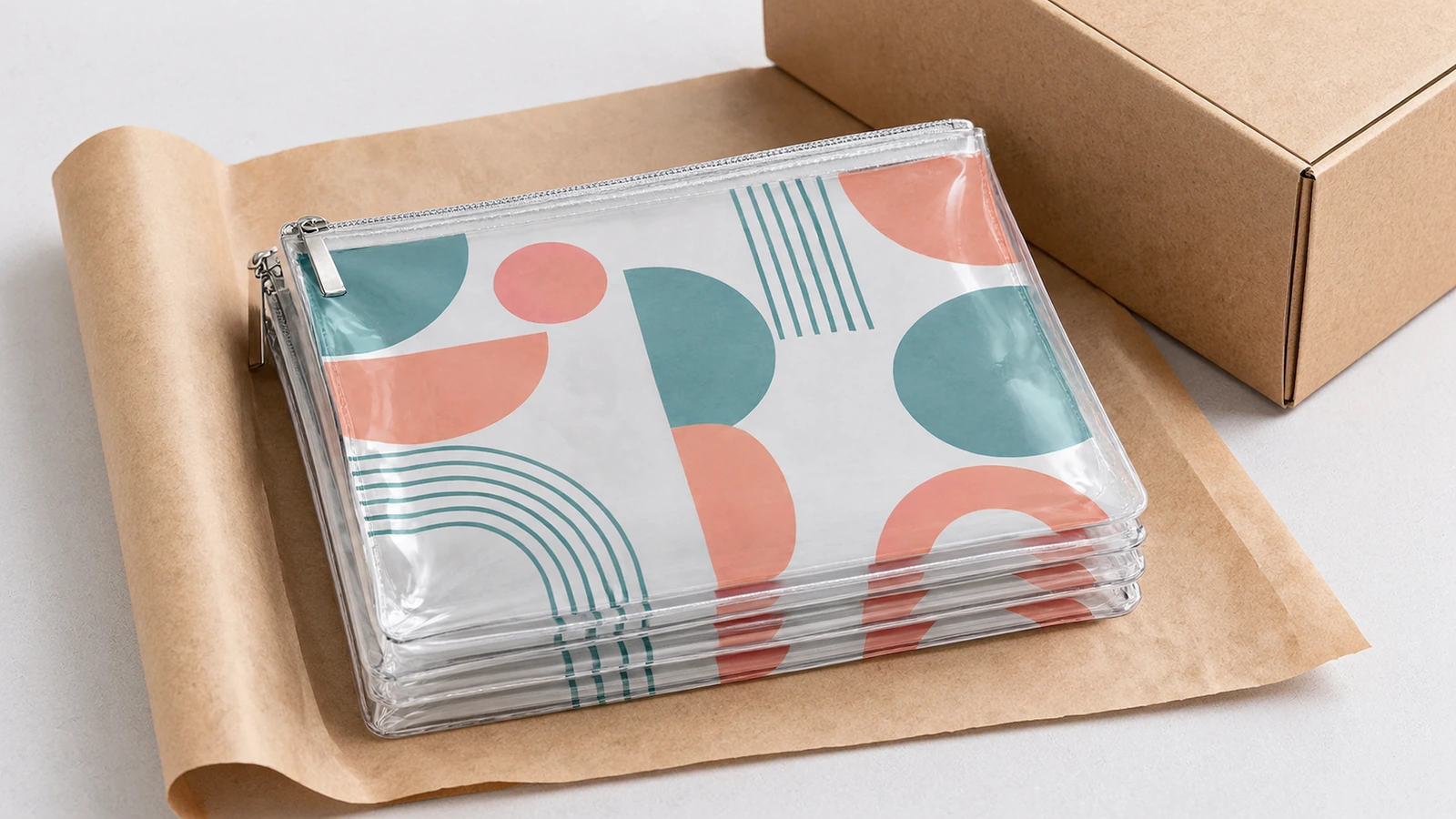 Bolsas transparentes con cremallera apiladas sobre papel kraft, junto a una caja de cartón