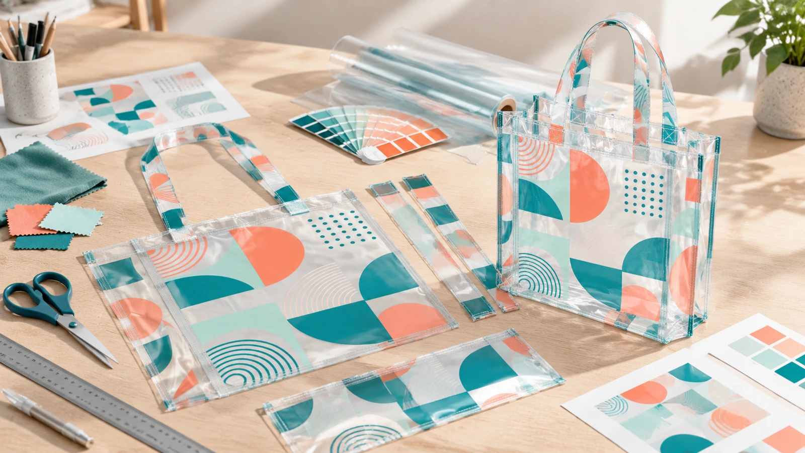 Componentes de bolsa tote transparente con estampado geométrico y una bolsa ensamblada junto al arte, las muestras de color y las herramientas
