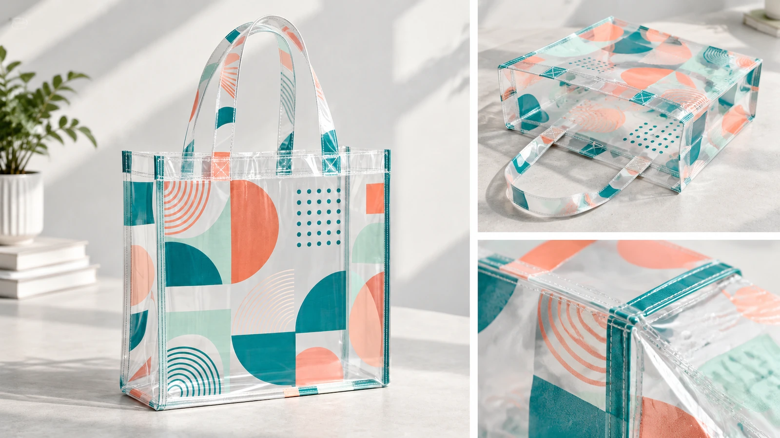 Exhibición de bolsas tote transparentes con detalles de bolsa plegada insertada y costuras