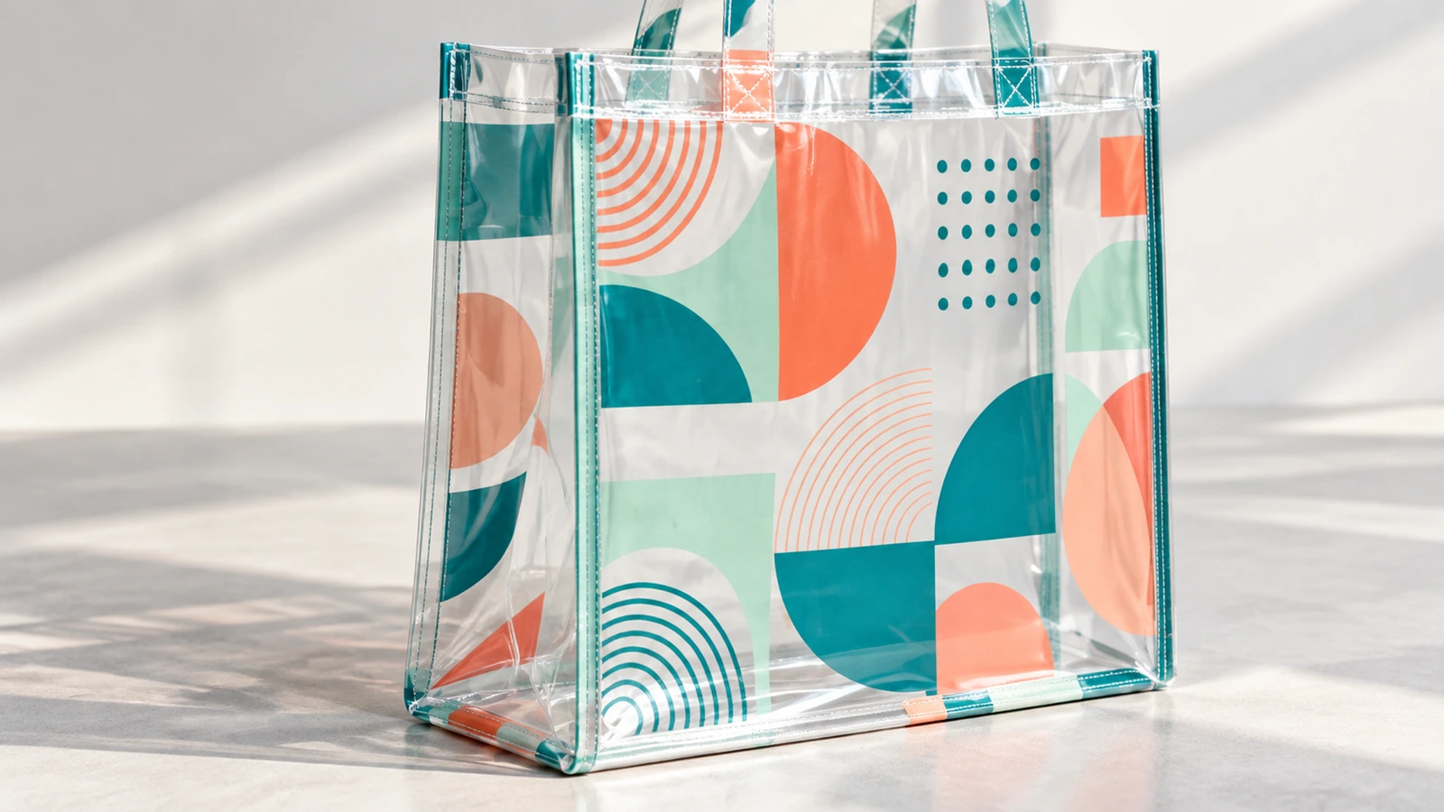 Bolsa tote transparente en posición vertical con estampado geométrico en coral y verde azulado