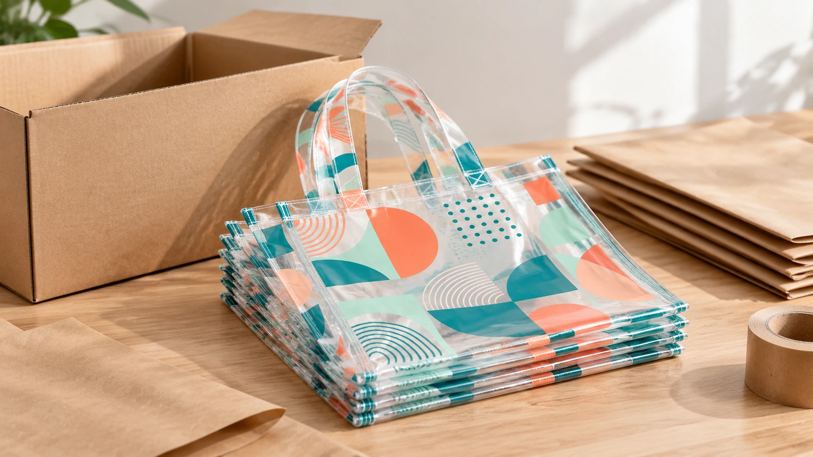 Bolsas tote transparentes apiladas junto a una caja de cartón, papel kraft y cinta de embalaje