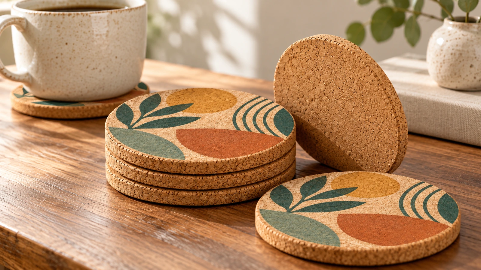 Posavasos de corcho impresos junto a un reverso de corcho liso y una taza sobre un posavasos